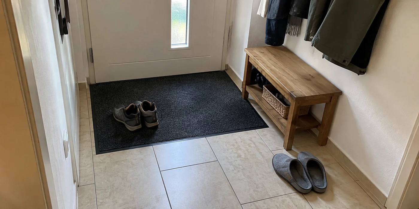 Schuhmatte, Sitzbank und Hausschuhe bilden einen klaren Eingangsbereich.